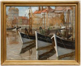 Anne Berty - Mid 20th Century Oil, Ostend Fishing Boats