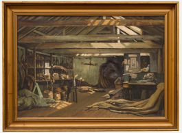 British School Mid 20th Century Oil - Workshop Interior
