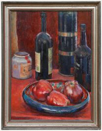 Pauline Plummer (b.1933) - 2000 Oil, Still Life with Wine and Apples