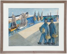 Framed 20th Century Gouache - Day On the Docks