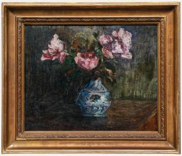 André René Albarede - Framed 1937 Oil, Pink Tulips