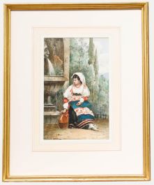 Framed 19th Century Watercolour - Girl by the Fountain