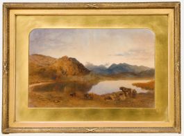 Framed 19th Century Watercolour - Cattle in a Mountain Landscape