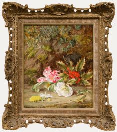 Thomas Collins (1835-1893) - Framed 1874 Oil, Still Life with Holly and Flowers