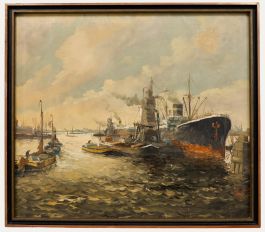 Framed Early 20th Century Oil - Early Morning at the Harbour