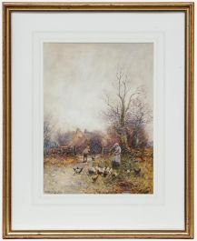 Framed 1912 Watercolour - Feeding the Chickens