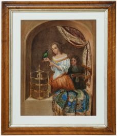 After Caspar Netscher - Framed 19th Century Watercolour, A Woman Feeding a Parrot