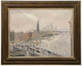 Manner of Ken Howard - Framed 20th Century Oil, View Over the Thames