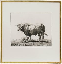 Simon Bull (b. 1958) - Framed 1985 Etching, Limousin Bull and Lamb