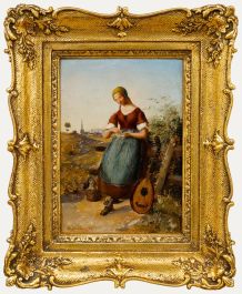 German School 19th Century Oil - Woman with Basket & Mandolin