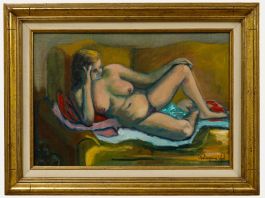 Suzanne Deluzanne-Lefort - 20th Century Oil, Nude on Yellow Sofa