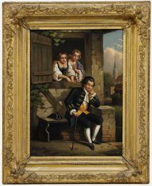 Framed 19th Century Oil - Women Tickling a Resting Gentleman