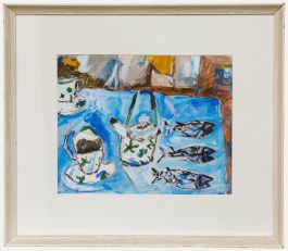Framed Contemporary Oil - Three Fish & Tea
