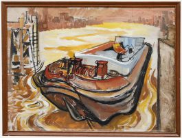Framed 20th Century Oil - Sunset Barge