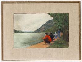 Diana Routh - Framed Contemporary Pastel, Fishing at Nantua