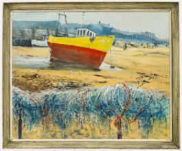 John Gillott - Framed 20th Century Oil, Fishing Boats at Low Tide