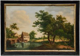 Late Biedermeier 1866 Oil - Fishing by the Watermill