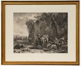 Jan de Visscher after Nicolaes Berchem - Engraving, Spinner Near a Rock