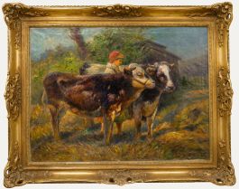 Gustav Prucha (1875-1952) - Framed Mid 20th Century Oil, Maid with Two Cattle