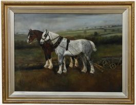 Framed Early 20th Century Oil - Ploughing Team in a Landscape