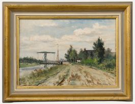 Jan Herman Coster (1846-1920) - Framed Oil, Dutch Landscape with a Drawbridge