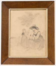 After William Wise - Framed 19th Century Graphite Drawing, Mother and Daughter