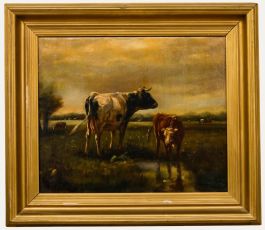 Henry Schouten (1857-1927) - Framed Early 20th Century Oil, Cows by a Pond