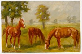 Kurt Glauber (1886-1963) - Mid 20th Century Oil, Chestnut Horses Grazing