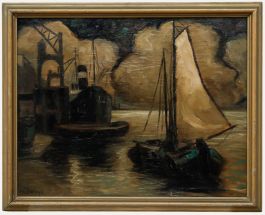 Framed Mid 20th Century Oil - Dockland at Night