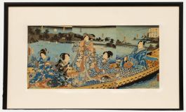 Toyohara Kunichika - 1863 Japanese Woodblock, Young Genji Cruising Omi Hakkei