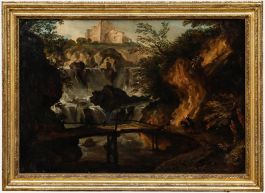 Circle of Hubert Robert (1733-1808) - Framed Oil, The Waterfalls of Tivoli