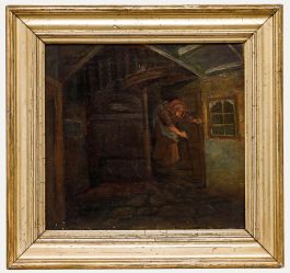 Framed 19th Century Oil - Figure on a Dark Staircase