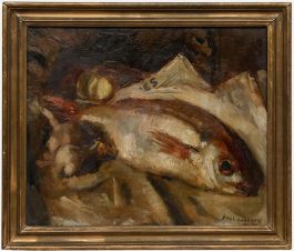 Paul Hannaux - Framed Mid 20th Century Oil, Still Life with Fish & Garlic Cloves