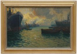 Ercole Garavaglia - Italian School Early 20th Century Oil, Genoa Harbour Scene
