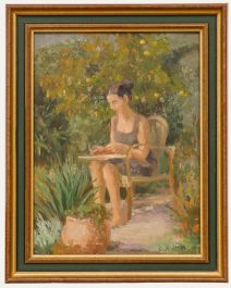 Framed 20th Century Oil - Drawing in the Garden