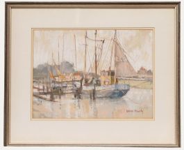 Moira Huntly - Framed 20th Century Pastel, Fishing Smacks at Rye