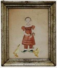 Folk Art 19th Century Watercolour - Girl with Ducklings