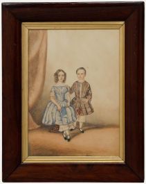 Provincial School Framed Mid 19th Century Watercolour - Portrait of Siblings