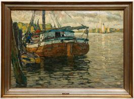 Richard Albitz - Early 20th Century Oil, Barge on a River