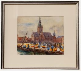 Framed Early 20th Century Watercolour - Cheese Market in Alkmaar