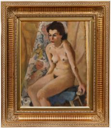 Mid 20th Century Oil - Nude by the Curtain