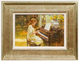 John Michael Carter - Framed Contemporary Oil, Lady at the Piano with Tea