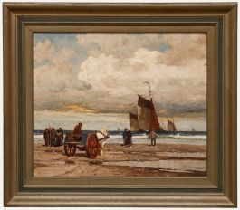 Peter Pulm - Framed Early 20th Century Oil, Fisherfolk Gathered on the Shore