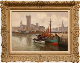 Cornelis de Bruijn Jr. - Early 20th Century Oil, Dutch Harbour with Fishing Boat