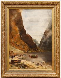 M. Bieber after Georg Rasmussen - 1906 Oil, Fjord Landscape with Fishermen