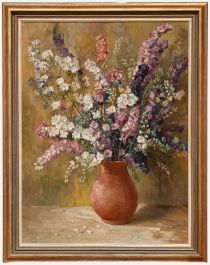 Framed Mid 20th Century Oil - Larkspur in a Vase