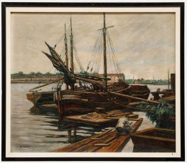 Rudolf Probst - Mid 20th Century Oil, Moored Fishing Boats