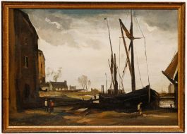 Philip Hugh Padwick - Mid 20th Century Oil, Barge in a Coastal Town