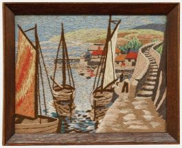 Framed Mid 20th Century Embroidery - Readying the Boats
