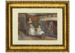 Late 19th Century Watercolour - Needlework With Grandma